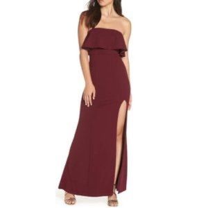 Lulus burgundy strapless gown with slit